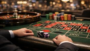 Depiction of a roulette table, tense atmosphere, and a pair of hands playing at the table of a high stakes game. It is derived from gambler's ruin in finance.