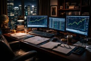 Monty Hall problem in finance illustrated by a trading desk analyzing market regimes and probability-driven decisions.