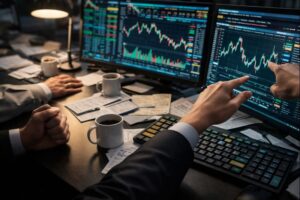 Simpson’s paradox in trading illustrated by a tense trading desk evaluating employee performance metrics.